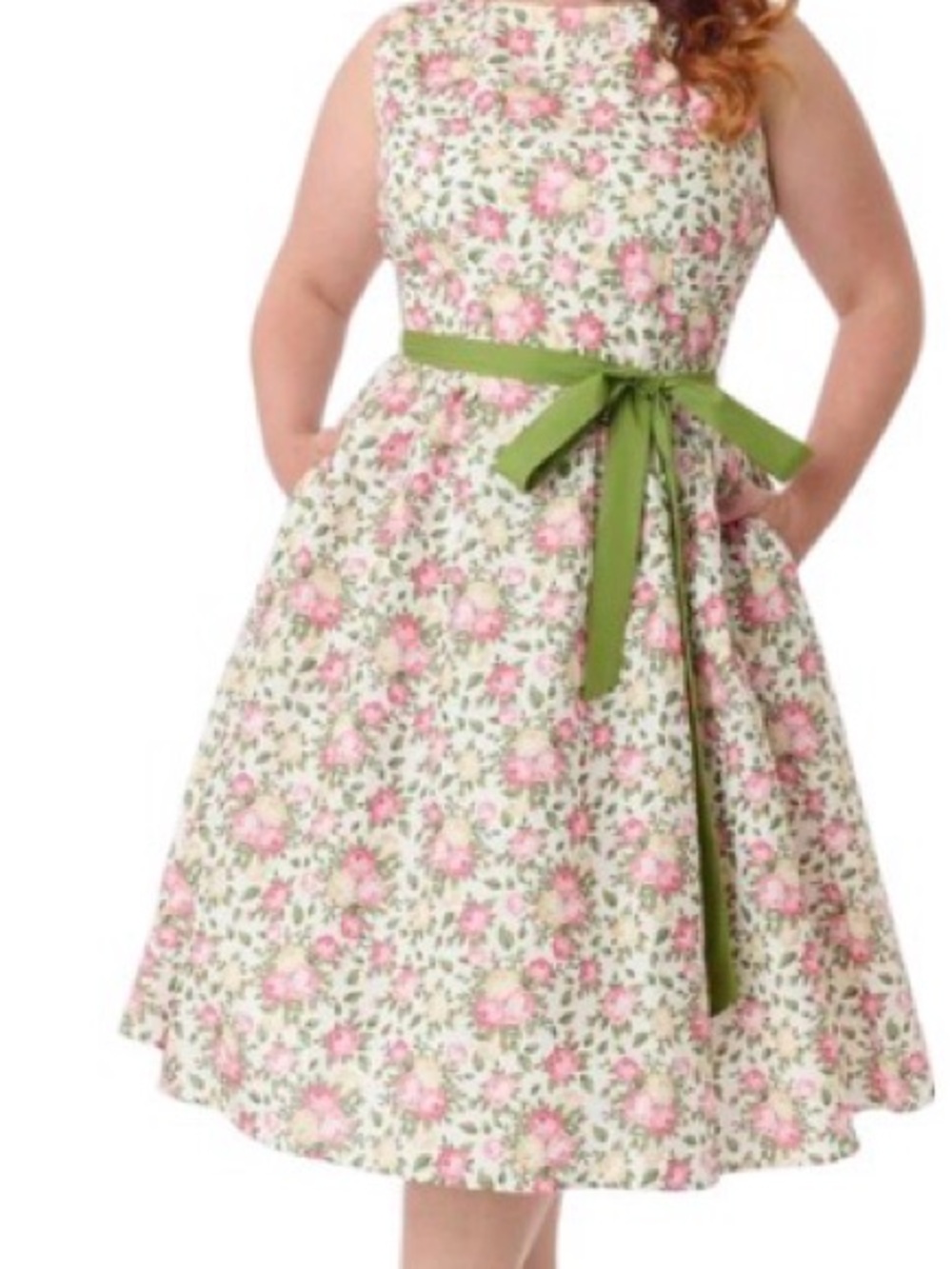 Unique Vintage Cream Floral Dress with Pink and Green Roses